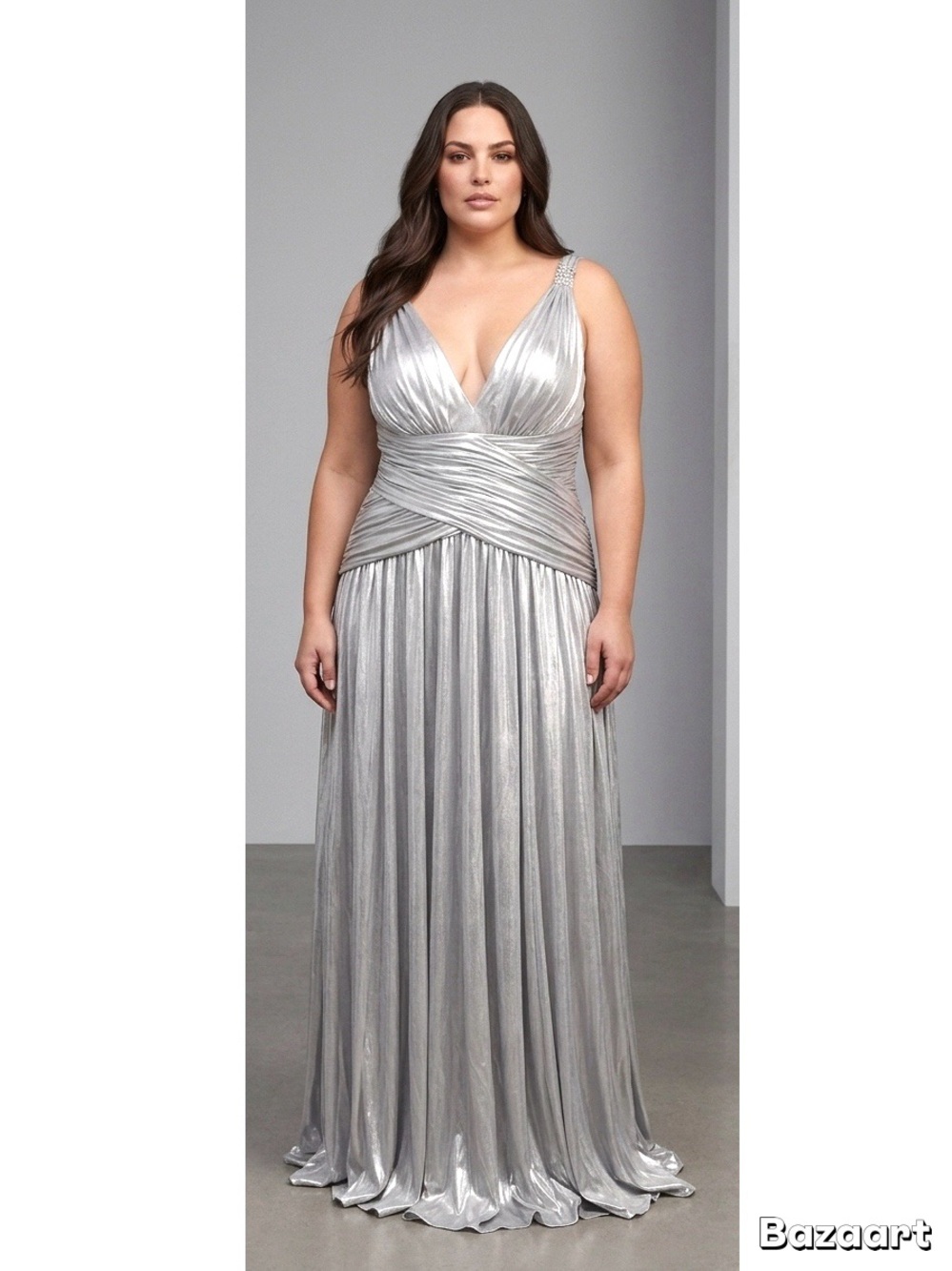 Faviana Silver Metallic Grecian Evening Gown Sz 16 - Picture 3 of 8